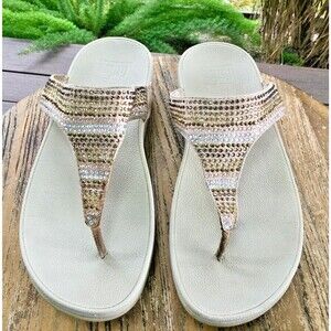 FitFlop Womens 8 Gold Strobe Microwobbleboard  Rhinestone Crystals Sandals Thong